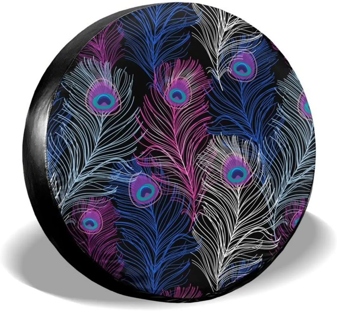 Colorful Peacock Feather Spare Tire Cover Waterproof Dust-Proof Wheel Protectors Universal for Trailer,,SUV,RV and M