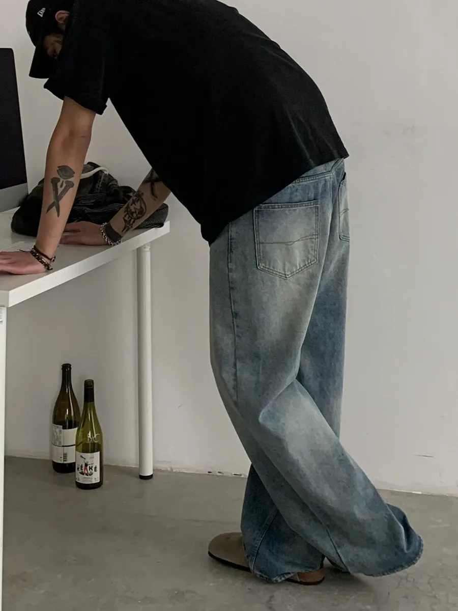 

Мужские джинсы в стиле ретро, американские, винтажные, повседневные, свободного кроя, прямые штанины, из полиэфирного волокна, устойчивые к деформации, на все сезоны