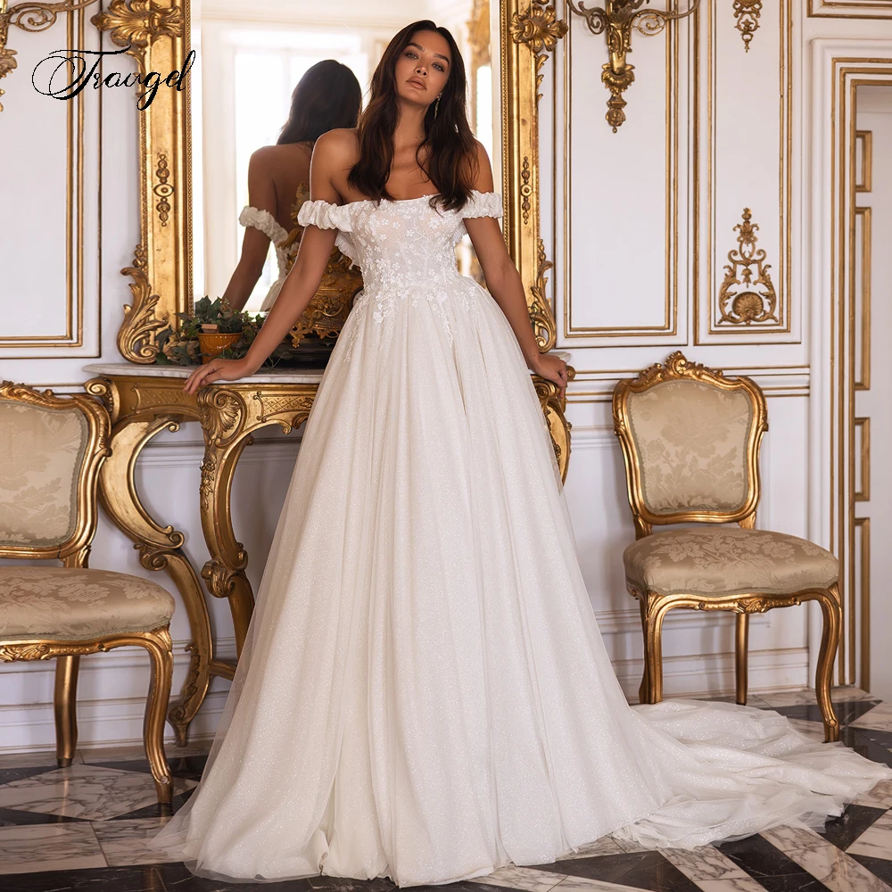 

Traugel Elegant Backless Boat Neck Flowers Pleat Wedding Dresses Luxury Off The Shoulder Beaded Court Train A Line Bridal Gown