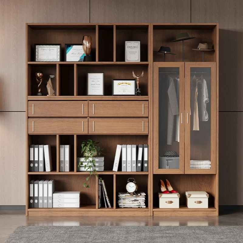 

Light luxury high-end solid wood bookcase locker integrated new wall file cabinet layered shelf floor display cabinet