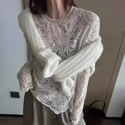 Hollow Lace Blouse Women Autumn New Luxury O-neck See Through Top Design Hook Flower Bottom Womens T-Shirt