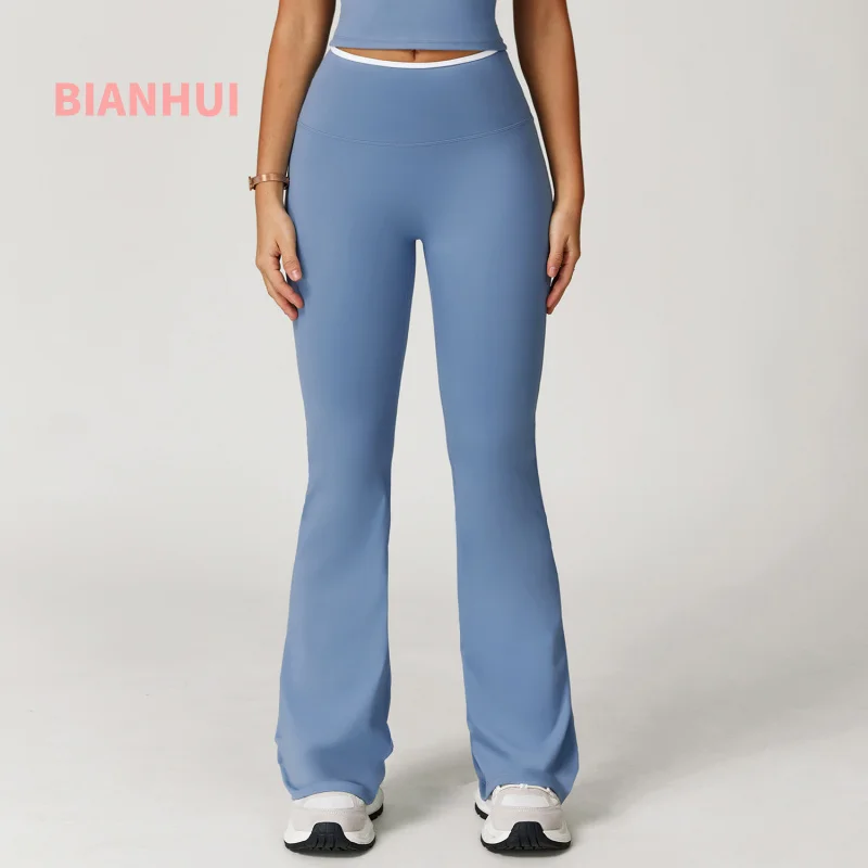 

BIANHUI Sports Flared Pants Color Block High Waist Quick-Dry Wide-Leg Long Pants Running Fitness Leggings Workout Woman Clothing