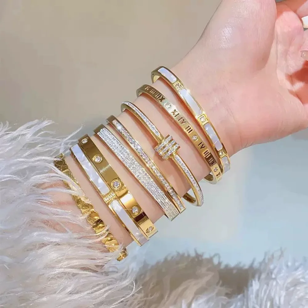 5/1pcs Sparkling Zirconia Inlaid Stainless Steel Bracelet Set for Women Stackable Bangles Fashion Non Fading Jewelry Gift