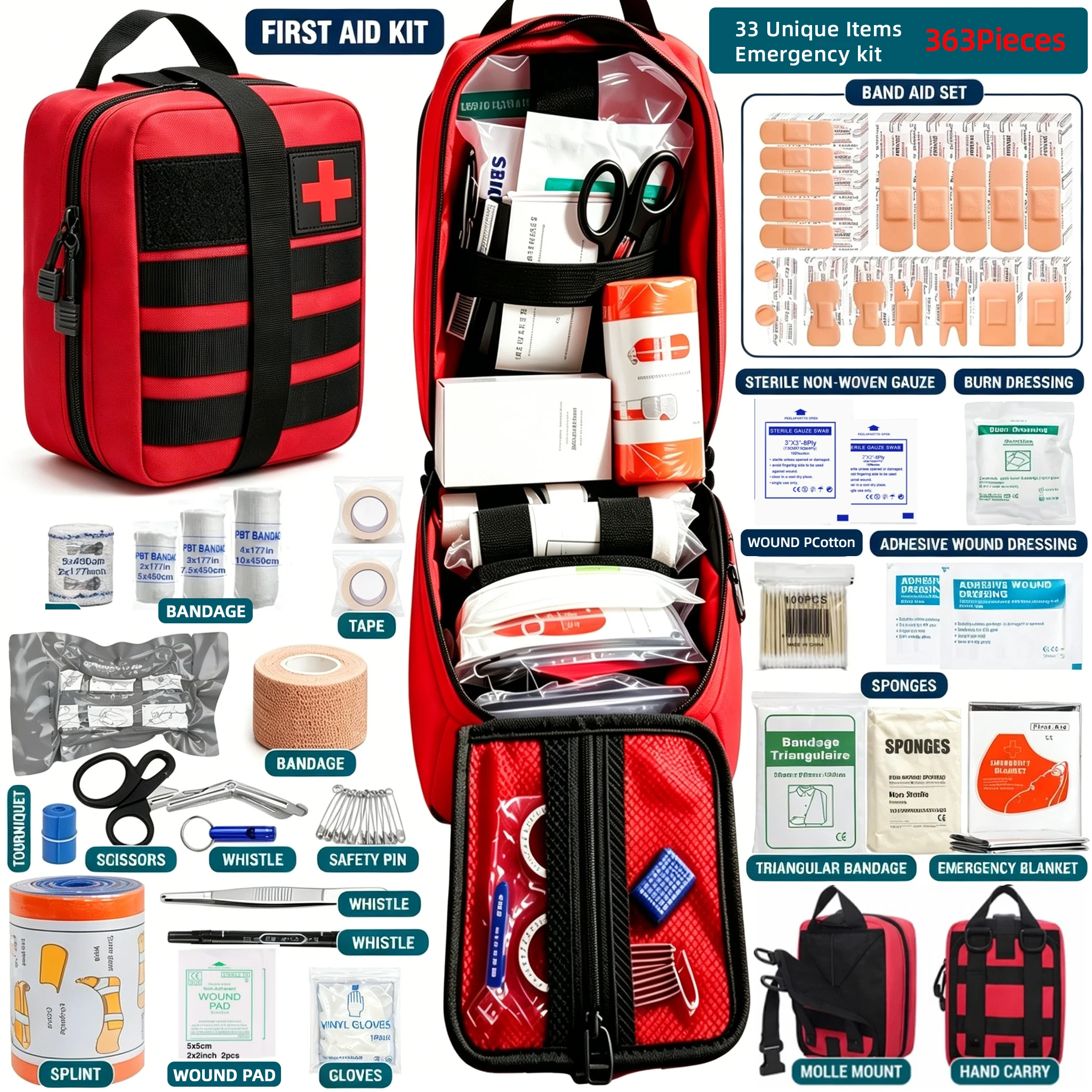 363pcs First Aid Kit Bag All Purpose Emergency Survival Home Car Office Travel Camping Outdoor Boating Essential Medical Bag