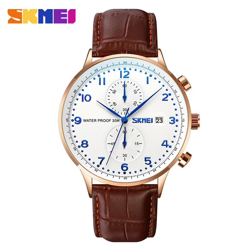 Imagem -02 - Skmei Relógios Masculinos Topo Marca de Luxo à Prova Impermeável Água Esporte Relógio de Pulso Cronógrafo Quartzo Militar Couro Genuíno Reloj Hombre