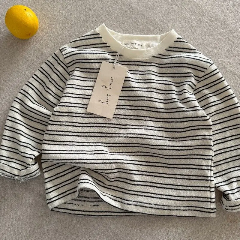 2026 Autumn Kids Long Sleeve Striped T Shirt Boys Girls Casual Stretchy Base Layer Top Toddler Baby Clothing