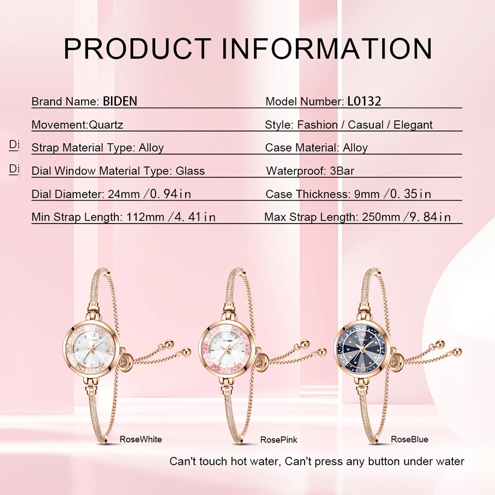 BIDEN Small Rose Gold Bracelet Round Dial Quartz Watch Luxury Waterproof Women's Diamond Watch Casual Fashion
