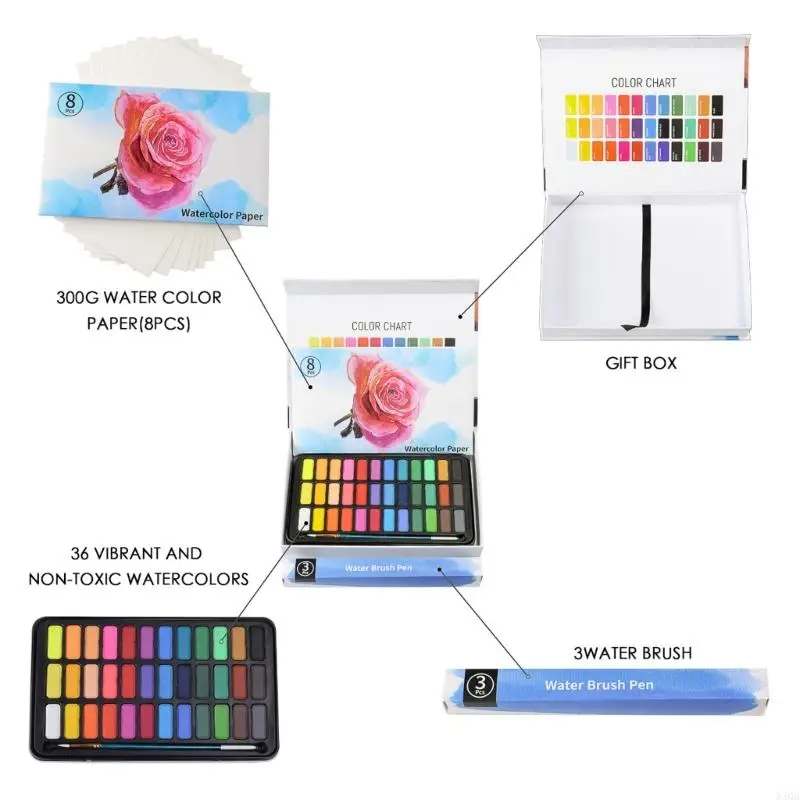 36 Color Watercolor Paint Set with Water Brush Pen Artists Watercolor Art Set 
