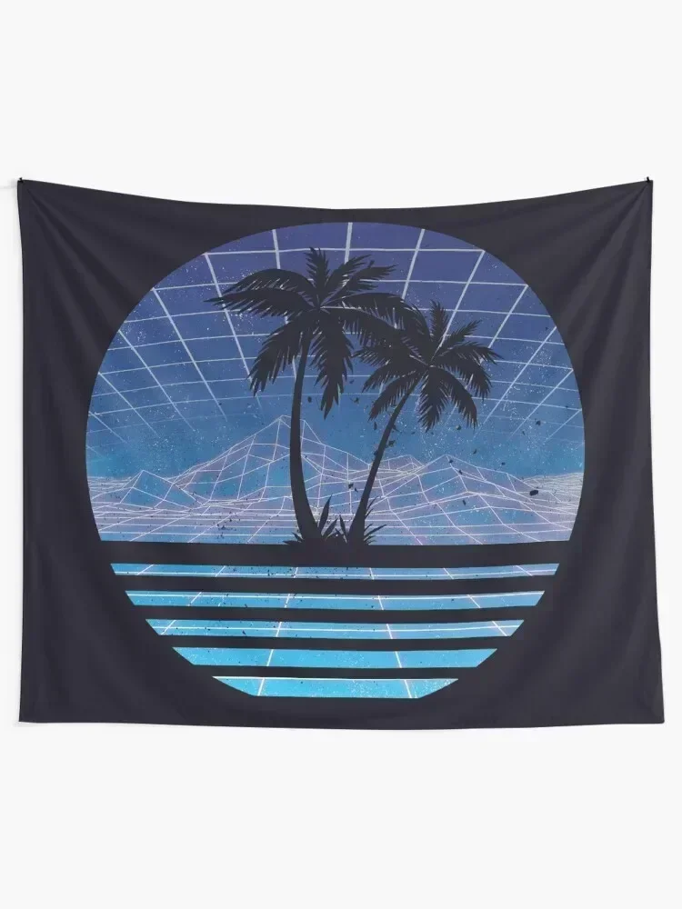 Modern Retro 80s Outrun Sunset Palm Tree Silhouette - Blue Tapestry Anime Decor Outdoor Decoration Tapestry