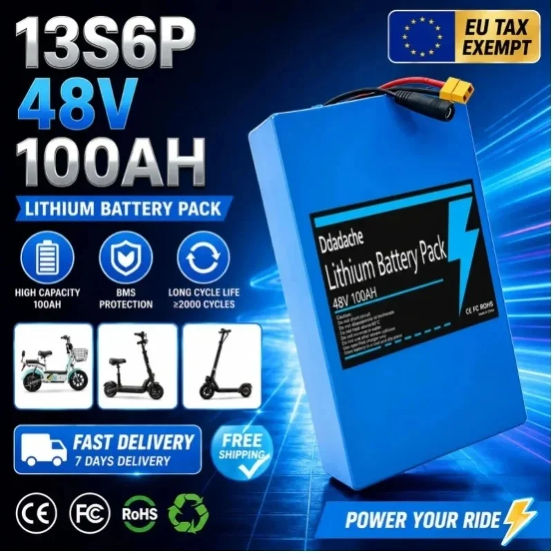 Lidikala 18650 Akkupack 13S6P Lithium-Akkupack 48V 100Ah 2000W Citycoco Scooter Batterien mit integriertem 50A BMS, anpassbarer Stecker, 48V Akkupack 3000W