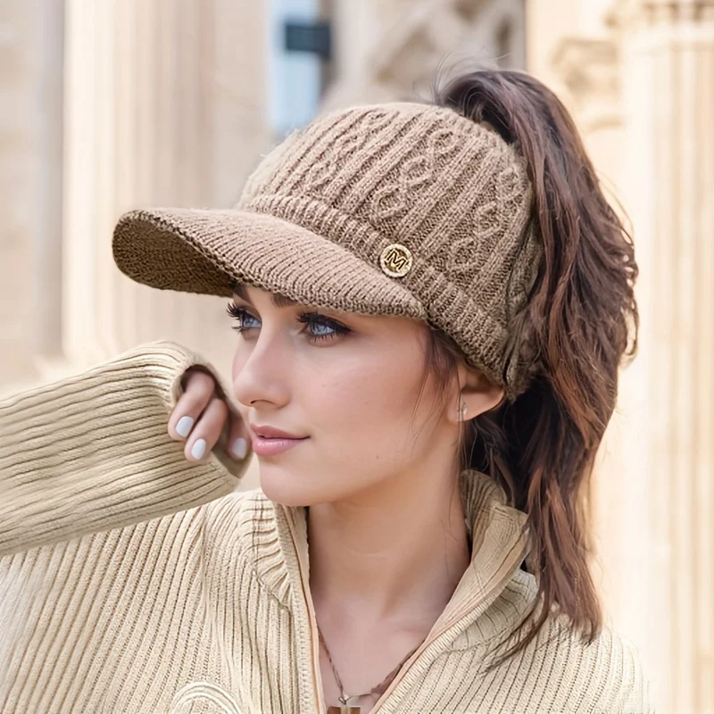 Leere Top-Sport-Strickmütze, Damen-Pferdeschwanz-Entenschnabelmütze, vielseitig einsetzbar im Herbst und Winter, mit Plüsch-Wollmütze für den Außenbereich – Detail 4