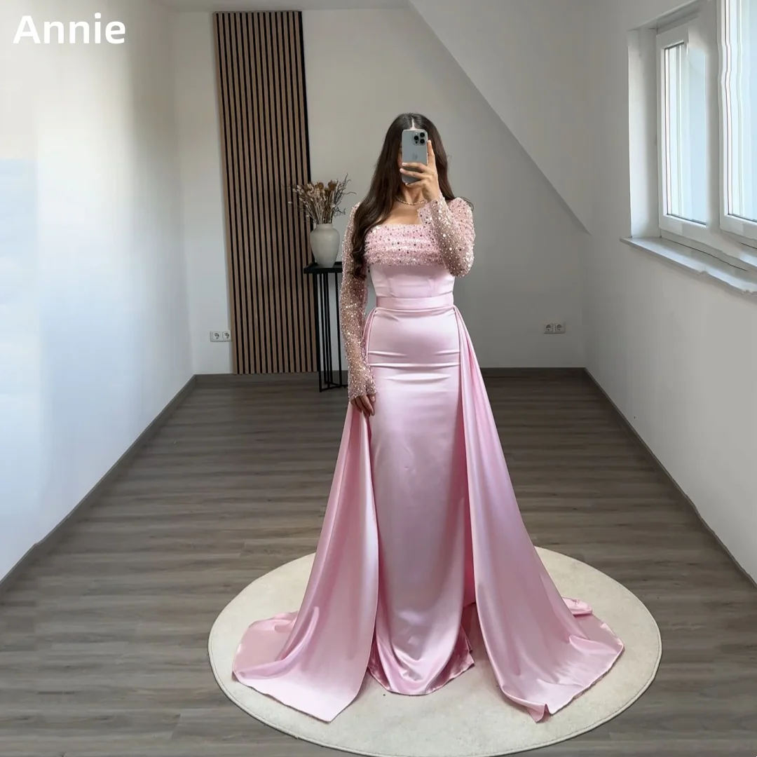 Annie Sweetheart Pink Wedding Dress Satin Long Sleeve Sequins Prom Dresses Mermaid Elegant Lady فساتين سهرة Customized 2025