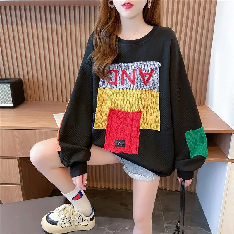 Women\'s Round Neck Hoodie Spring and Autumn Minimalist Thin Subtle Loose Patchwork Letter Print Long Sleeve Pullover Casual Tops