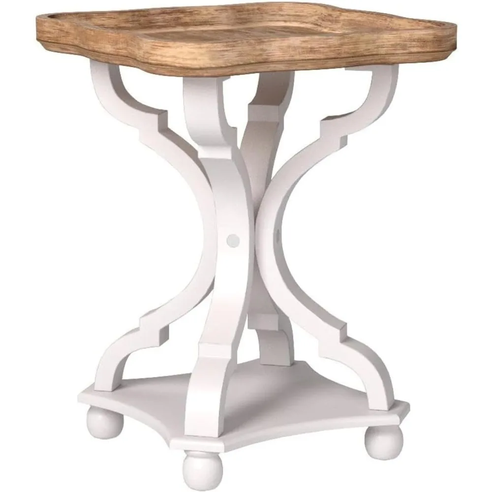 

End Table with Rustic Wood Tray Top and White Curved Legs, 19x19x25 – French Country Accent for Bedroom, Living Room, Din