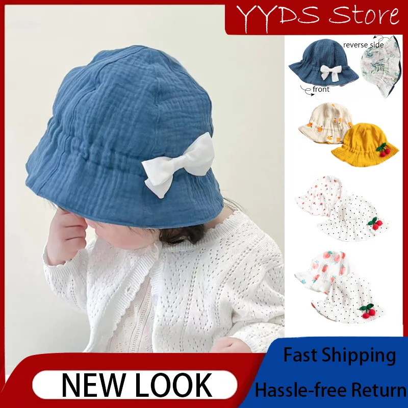 Baby Girl Cotton Fisherman Pot Hat Baby Spring/summer Thin Gauze Visor Can Be Carried on Both Sides Flower Fisherman Hat 0-2T