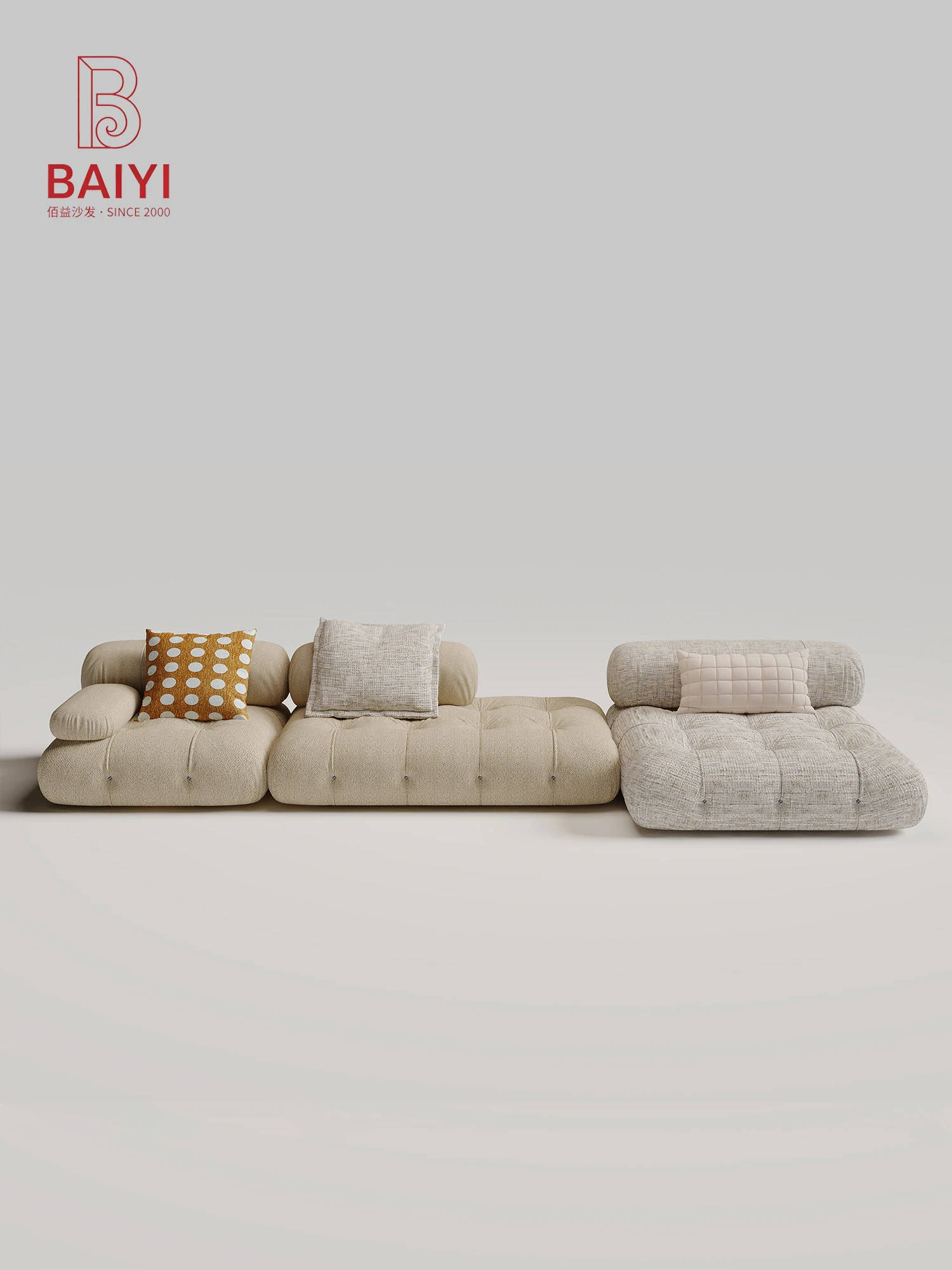 BAIYI Two Tone Modular Floor Sofa Cream And Burgundy Tufted Seat Cylinder Armrest With Ottoman For Living Room Villa Bedroom