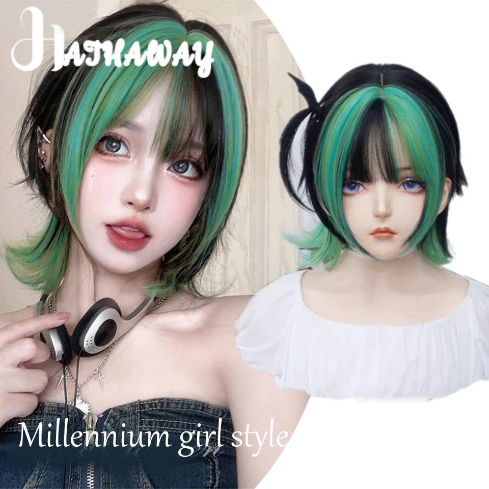 Wig sintetik sekitar 34 CM hitam hijau gradien Wig poni pendek rambut lurus alami Wig wanita pakaian Cosplay harian