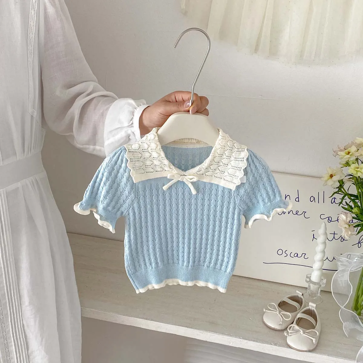 Women's Children's Clothing Pullover Collar 2026 Summer New Knitted Sweater Thin Style Contrasting Color Cute Short Sleeved Top