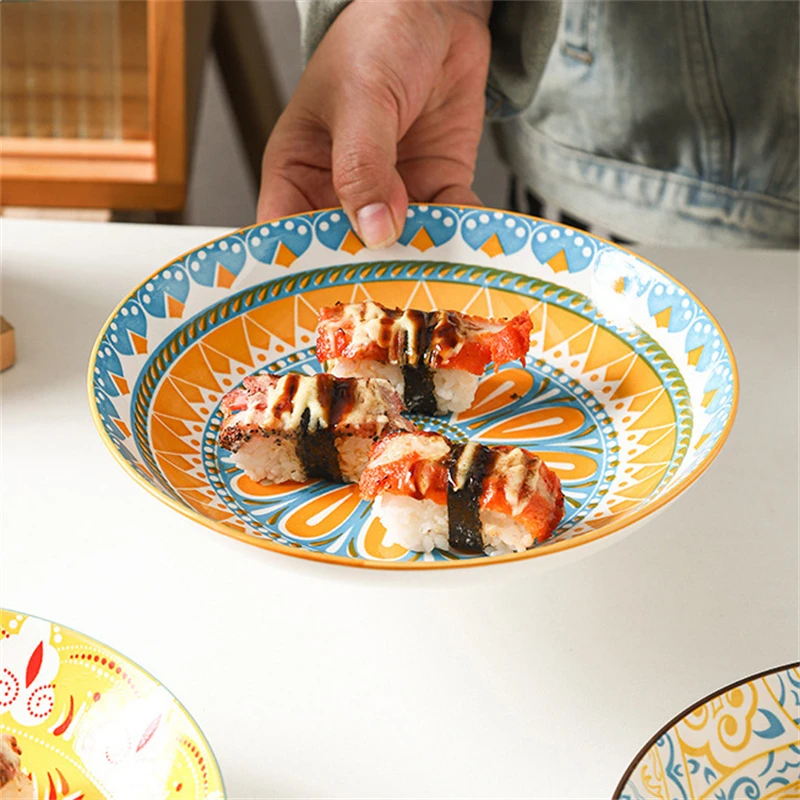 New Household Bohemian Style Tableware Printing Underglaze Color Exotic Dish Creative Ceramic Plate Decorative 8.25 Inch