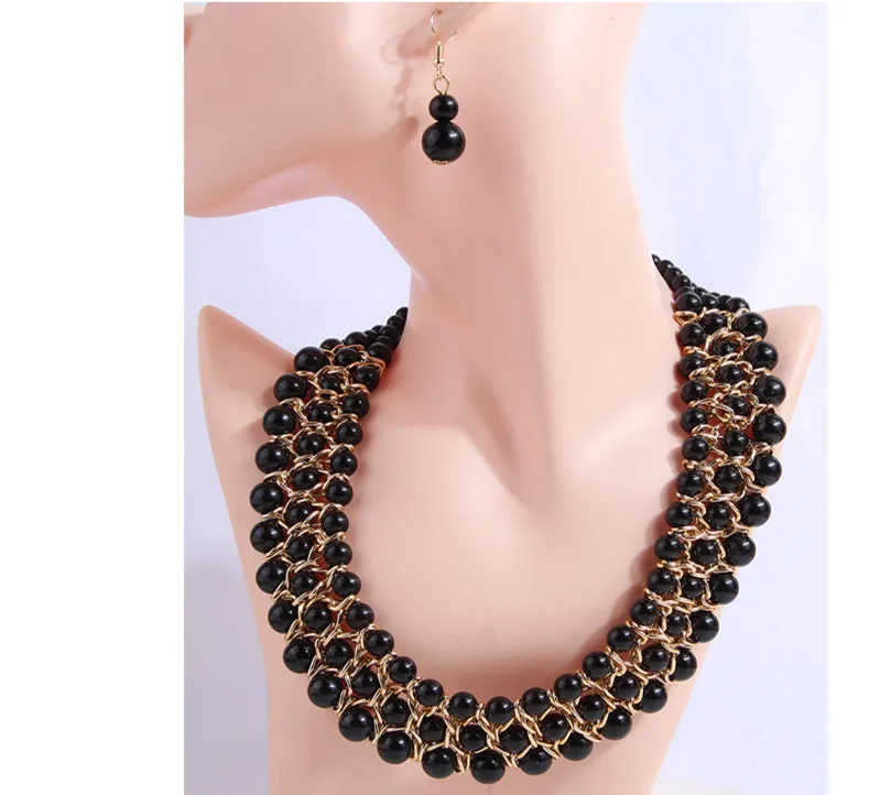 Kymyad Necklace Earrings Jewelry Set For Women Multilayer Black Beads Women Necklace Handmade Jewelry Set Ladies Accessories