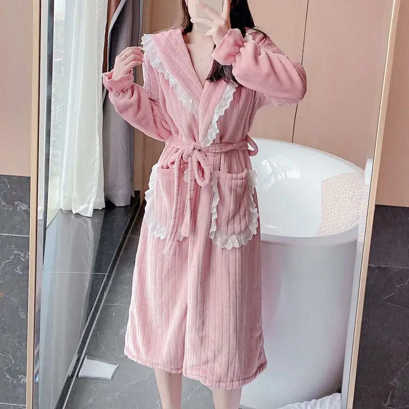 Lace Robe for Women Belt Sleepwear Nightdress Winter Night Wears Pajama Solid Nightgown Long Sleeve Warm Fleece Homewear