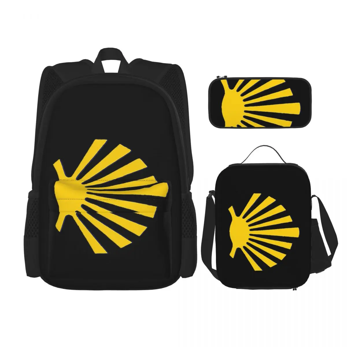 

Camino De Santiago Symbol Large Yellow Scallop Shell Backpacks Boys Girls Bookbag School Bags Lunch Bag Pen Bag Three-Piece Set