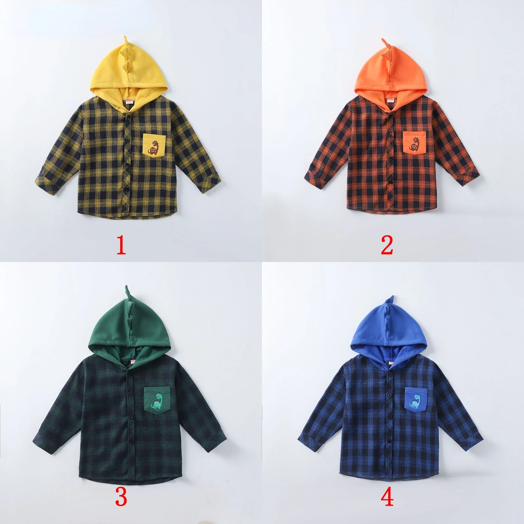 2023 Baby Boys Dinosaur Plaid Shirts Kids British Style Embroidered Cartoon Hooded Shirts Cotton Jacket Tops Children's Clothing