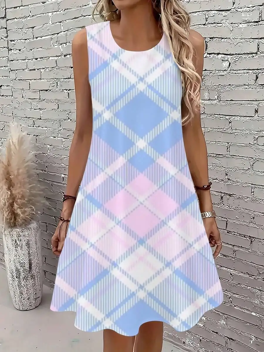 

Womens Sleeveless A-Line Dress Pink Blue Plaid Print Round Neck Loose Fit Summer Casual Dress