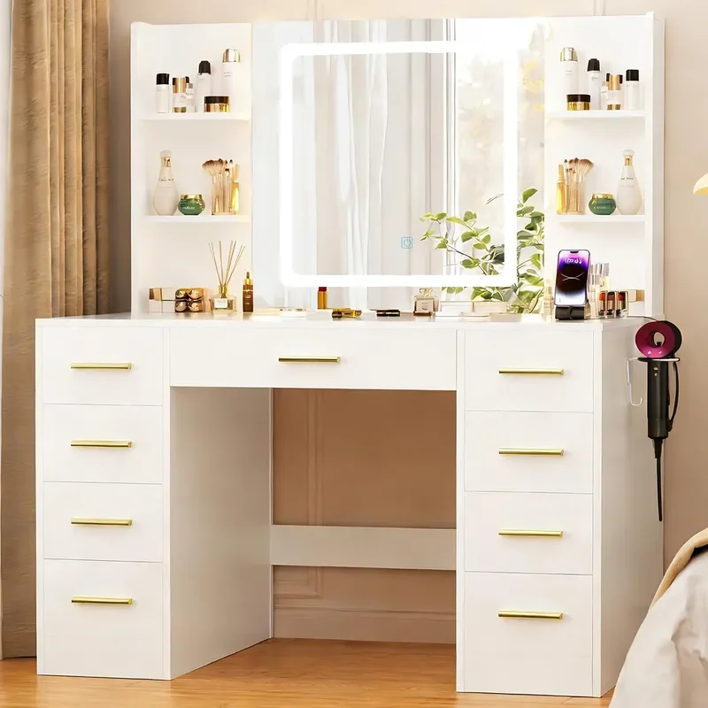 Vanity Desk with LED Lights Mirror 35.43 Modern Makeup Table with 6 Storage Drawers Stool for Ladies and Girls RGB Light