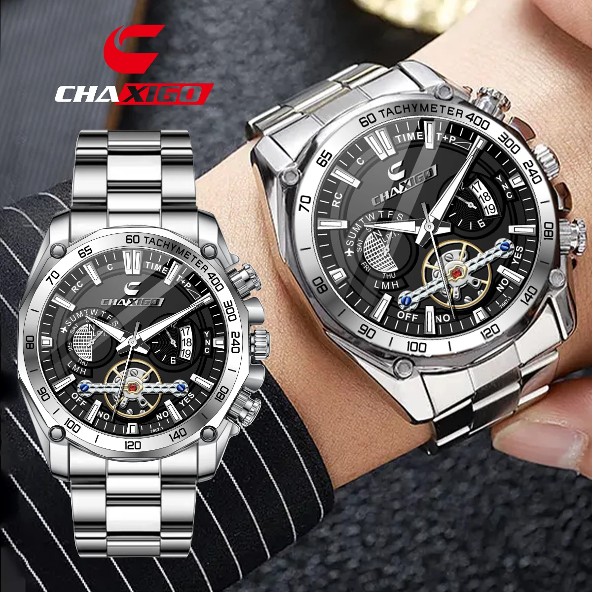 

CHAXIGO new men's stylish luxury business sports quartz chronograph watch, stainless steel strap, 30-meter water resistance