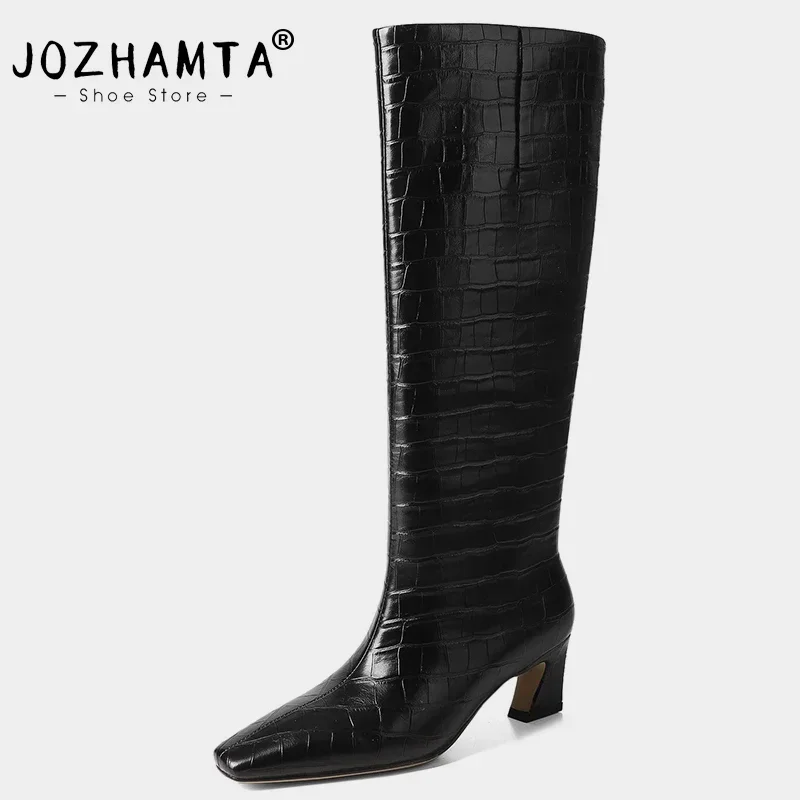 

JOZHAMTA Size 34-40 Knee Boots For Women Genuine Leather Block High Heels Shoes Winter 2024 Wide Calf Casual Long Tall Boots