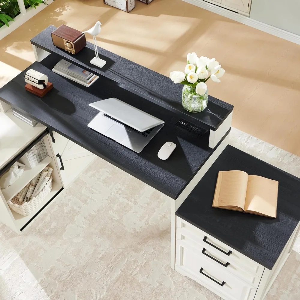 Biurko do domowego biura, nowoczesne biurko komputerowe w stylu farmhouse z szafką na dokumenty Letter T4 F4 Legal, biurko do nauki i pisania, 170 cm, odcień bieli