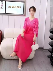 EGRM Pleats Pleated Dresses 2024 French High End Batwing Sleeves Splicing Premium Color Age Reducing Dresses Women 2RM1900