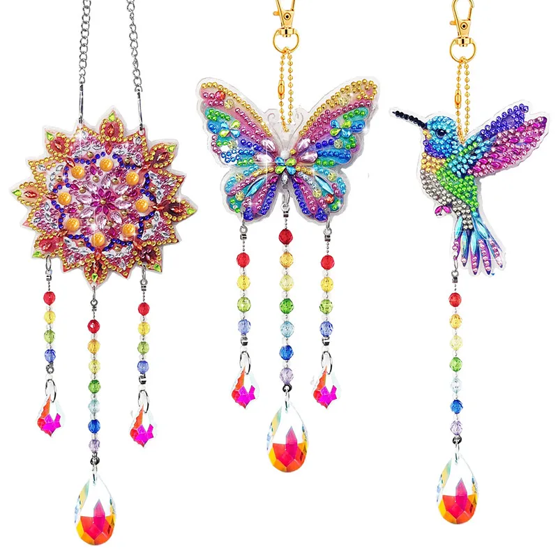 Christmas Gift 5D DIY Diamond Painting Cartoon Peacock Wind Chime Pendant 3D Embroidery Hanging Window Pendant Home Decor Kit