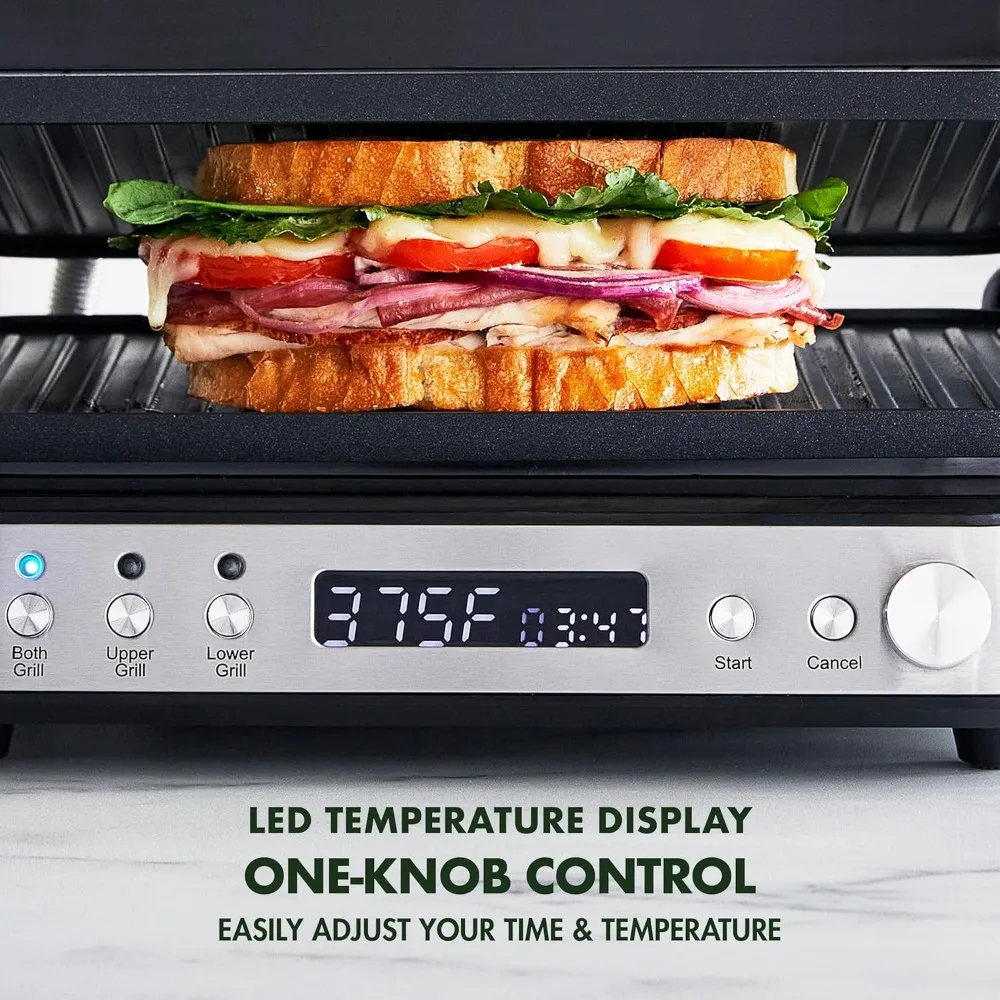 Grelha elétrica interna de contato 6 em 1 de aço inoxidável e grelha, antiaderente de cerâmica saudável, placas reversíveis para máquina de lavar louça, sem PFAS