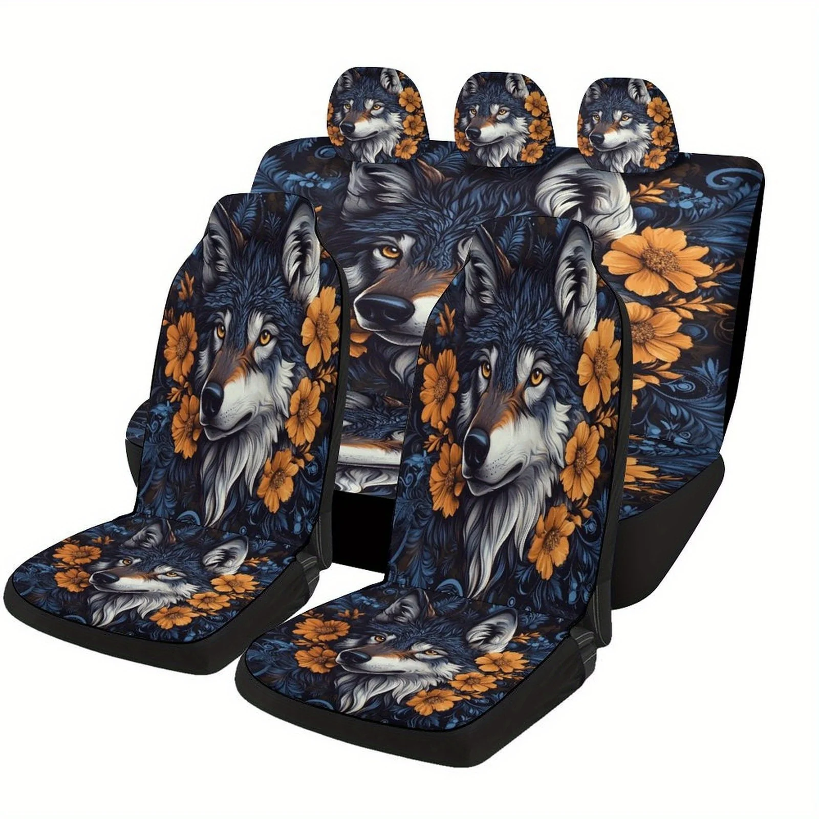 Wolf With Flowers Designed Car Seat Covers Set For Most Cars, Trendy Novelty Decorative Car Seat Protector Covers Full Set, Uni