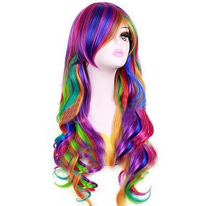 Parrucche per capelli in Costume da festa Cosplay Color arcobaleno ondulato lungo