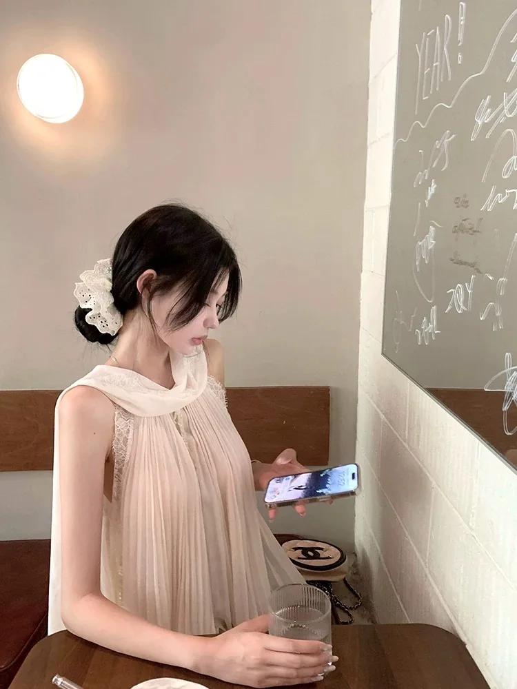Sexy Slim Fit Ribbon Pleated Patchwork Lace Thin Chiffon Shirt For Women Summer Hanging Neck Sleeveless Top