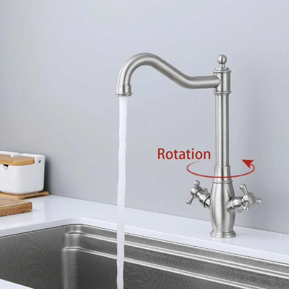 

304 Stainless Steel Mixer Kitchen Basin Faucet ,360 Rotation Cold & Hot Water ,Ceremic Valve Core With Dual Holdler Dual Hole