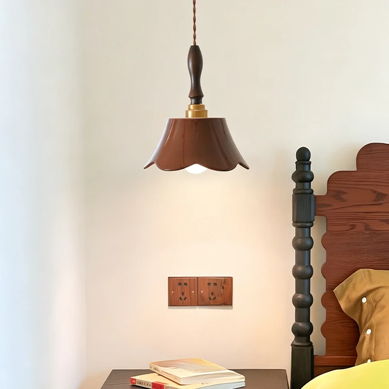 Lámpara colgante de cerámica, lámpara colgante pequeña para mesita de noche, lámpara de pasillo vintage francesa, lámpara de madera de alta gama para recibidor