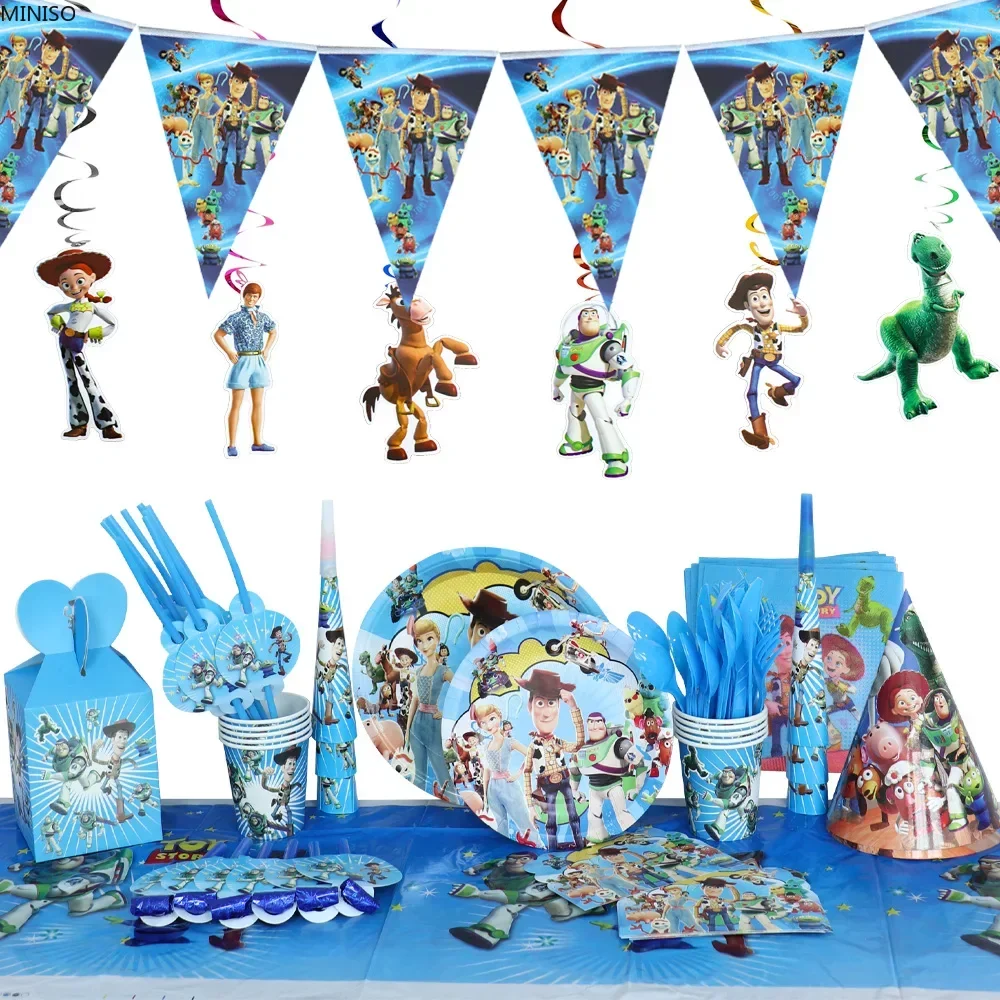 Toy Story Theme Kid's Birthday Party Decorations Toy Baby Shower Disposable Tableware Supply Plates Napkins Cups Straws Banners