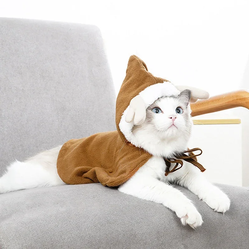 Cat Small Dog Christmas Costume Autumn Winter Warm Cloak Santa Reindeer Cosplay Funny Pet Cape Dress Up Clothes Props Decor