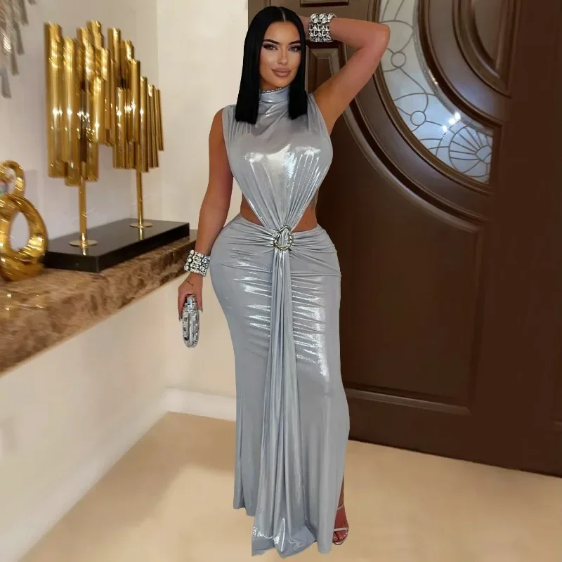 GUWU Frauen Vergoldung Ärmelloses Cut Out Bodycon Midi Maxi Langes Kleid 2025, Sommer Strand Urlaub Sexy Party Geburtstag Kleider