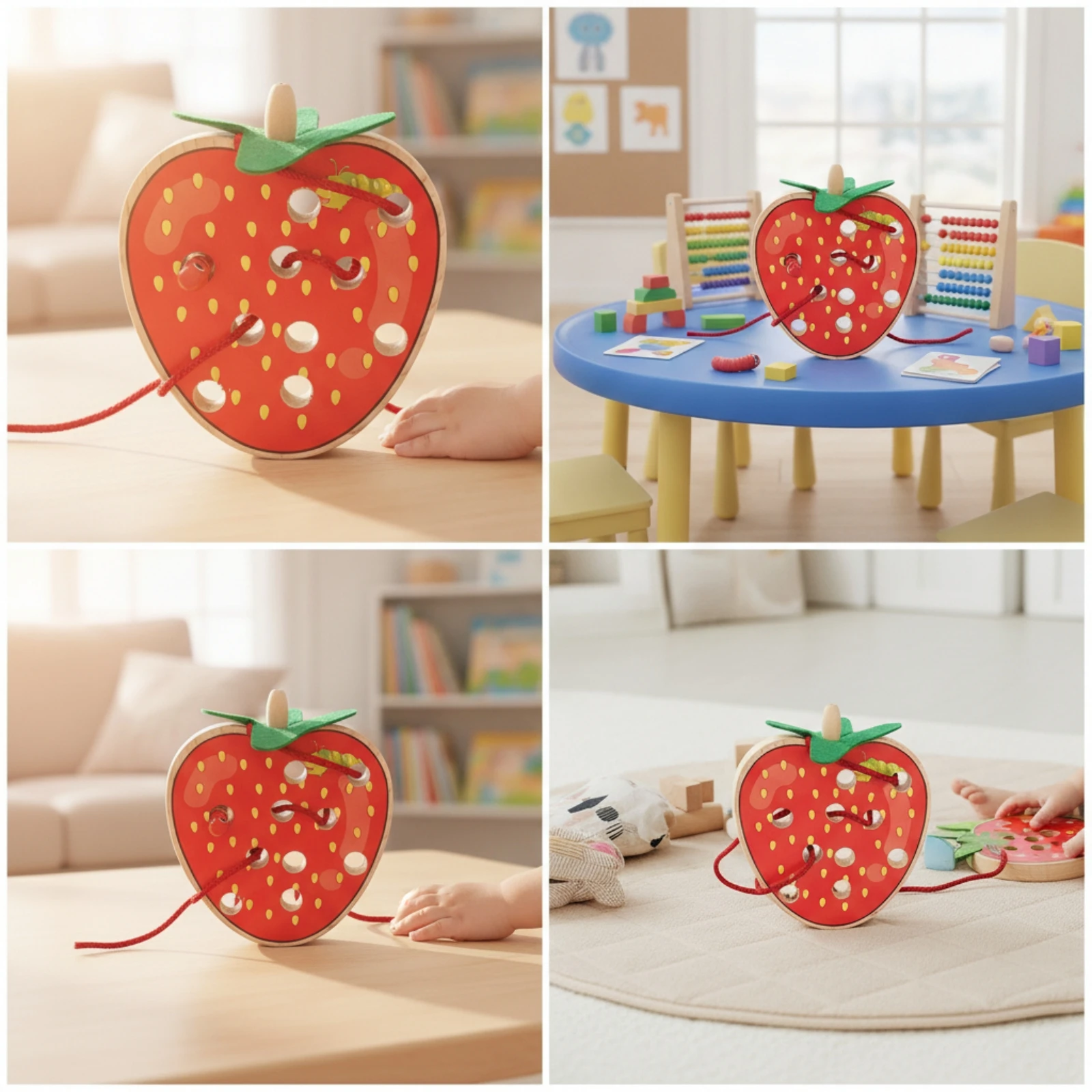 Strawberry Threading Toy Early Learning Wooden Threading Toy Strawberry Lacing Board Non Bead String Game Travel-Friendly