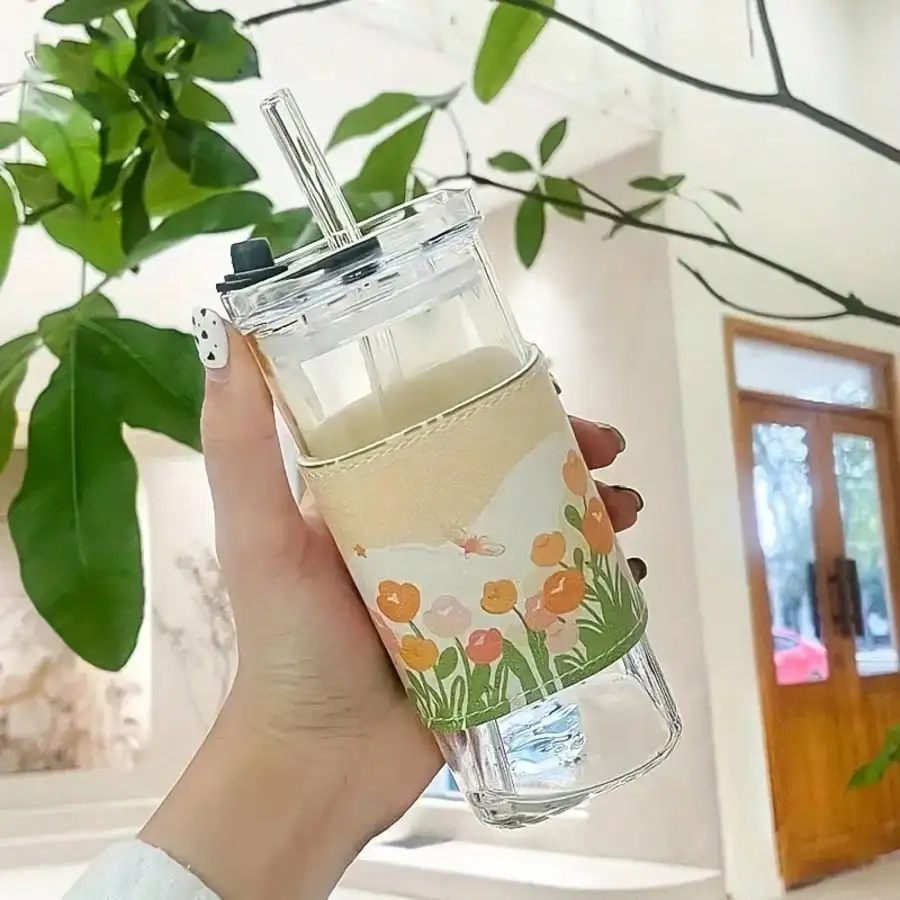 6 Pack Square Glass Cups With Lids And Straws 13 OZ Reusable Iced Coffee Glasses Modern Clear Tumblers With Cleaning Brush For Home Office School Outdoor Travel Smoothies Boba Tea Birthday Gift