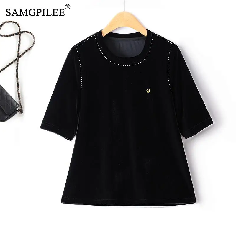 

Oversized T-shirt 2023 Autumn New Bright Line Decoration Half Sleeve Y2k Clothing Velvet Drape Black Slim Top Women 4XL