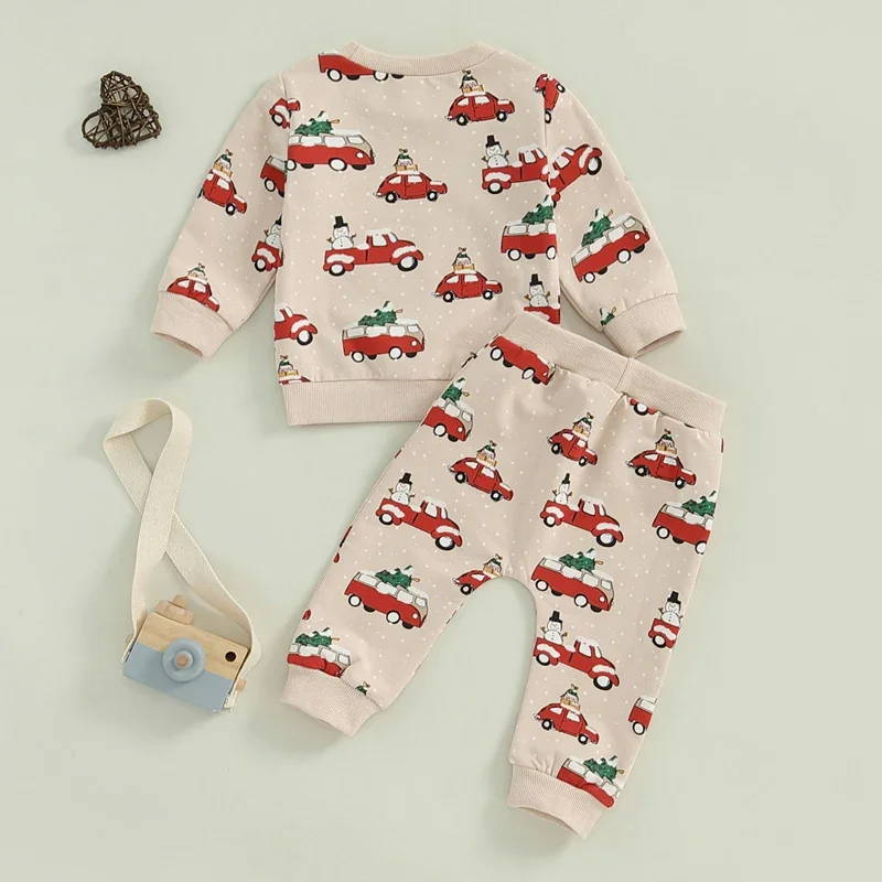 Baby Girl Boy Christmas Clothes Set Toddler Girl Tracksuit Long Sleeve Snowman Vehicle Print Sweatshirt Elastic Pant 2PCS Outfit