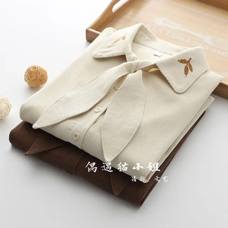 เสื้อเชิ้ตแขนยาวผ้าลูกฟูกแต่งโบว์หูกระต่าย ดีไซน์หวาน สไตล์นิช สำหรับผู้หญิง คอลเลคชั่นฤดูใบไม้ร่วง