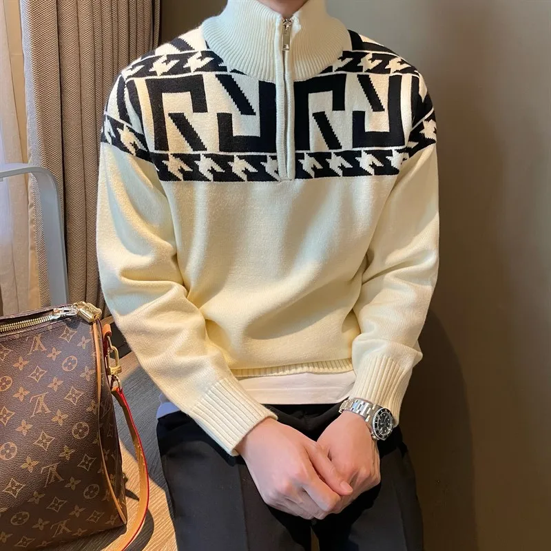 Korean Sle Thiened Warm f Zip High Collar Men's Sweater oulder Drop Sve Loose Fit Trendy Geometric Color Knitwear
