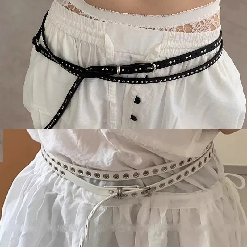 Punk Double Loop Thin Belt Retro Double Layer Waist Chain Rivet Eyelet Buckle Belts Adjustable High Quality PU Leather Belts
